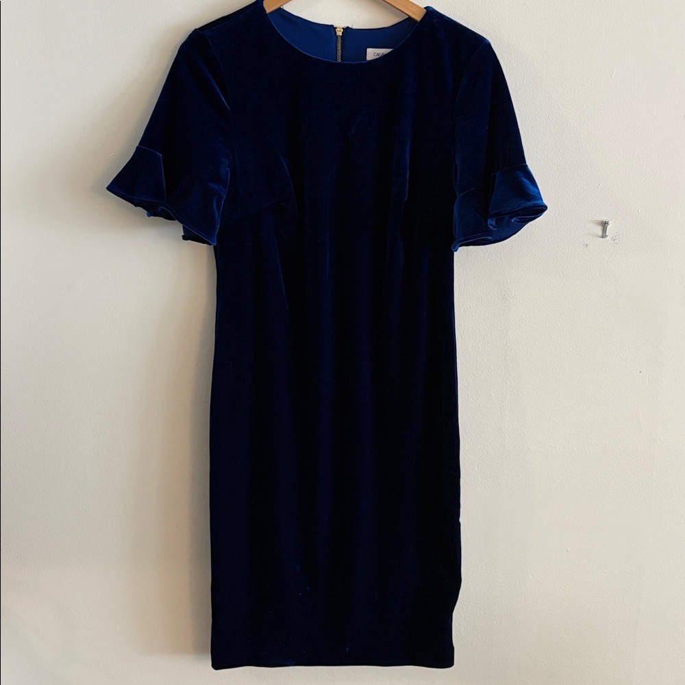 Calvin Klein Short Sleeve Velvet Ruffle Dress Size 10 Royal Blue Women’s
